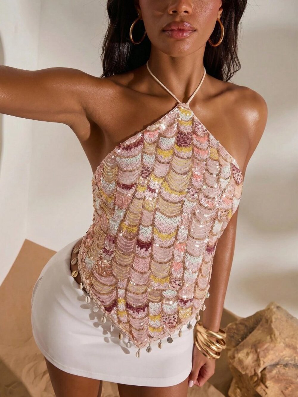 Pink Women's Party Vacation Sequin Patchwork Backless Tie Front Camisole